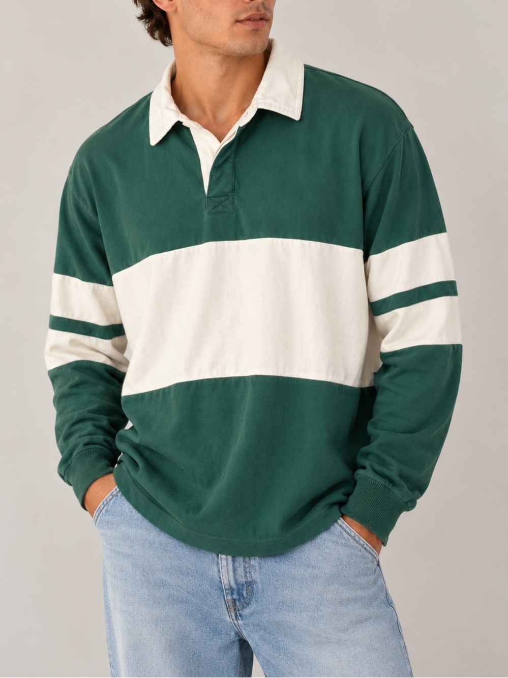 Hollister Green Rugby Shirt M Heavyweight Cotton Striped Long Sleeve Preppy